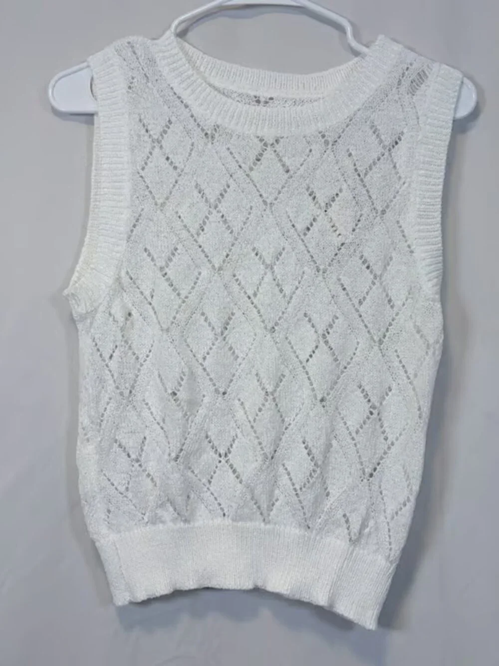 CUPSHE Sweater Vest Diamond Pointelle Knit White Sleeveless Crew Neck L
